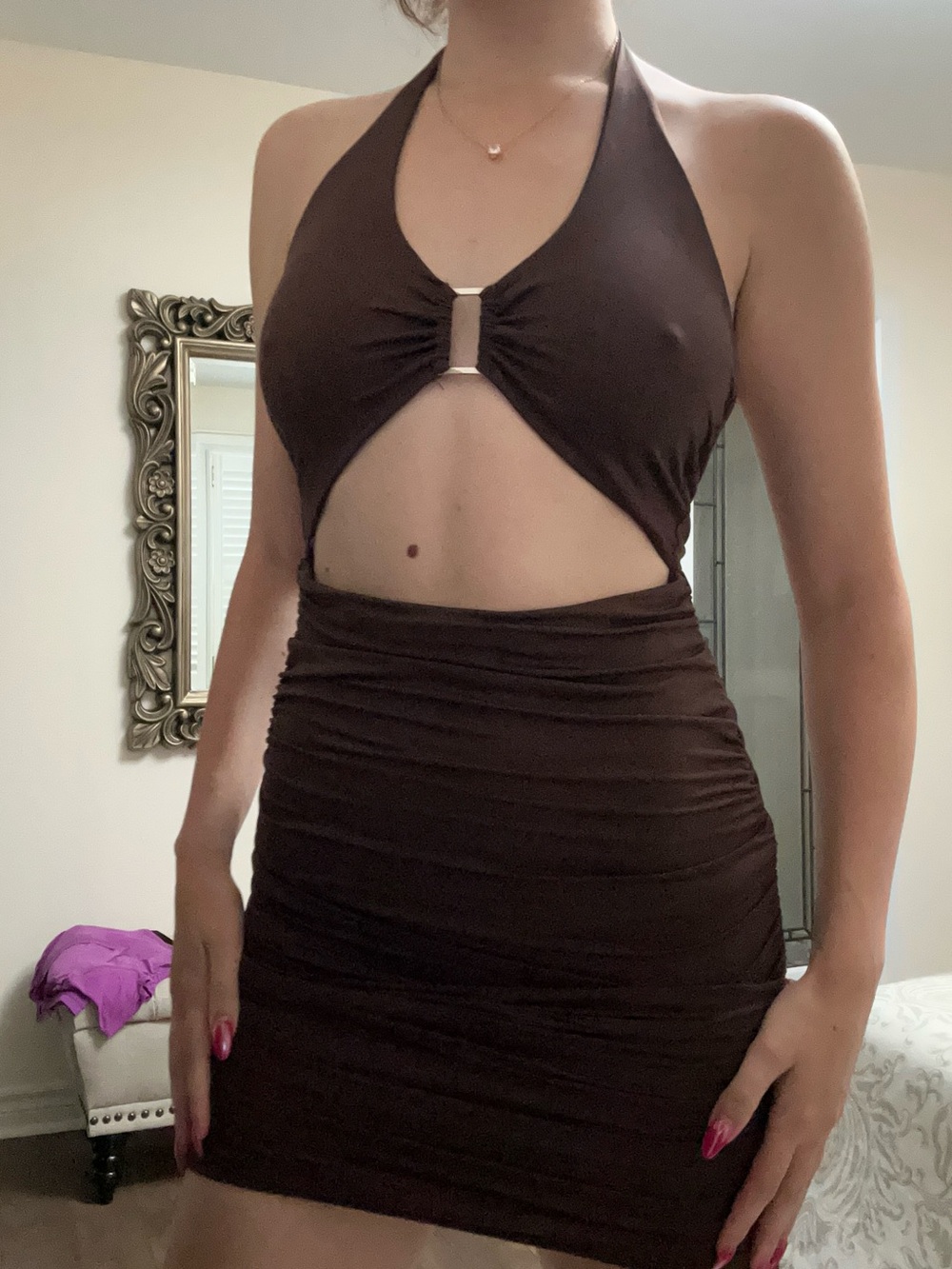 Streetwear Society Brown Halter Cutout Mini Dress
